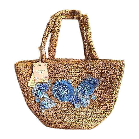NWT Brown Floral Viral Beaded Handcrafted Made India Woven Tote Shoulder Handbag - Picture 1 of 8